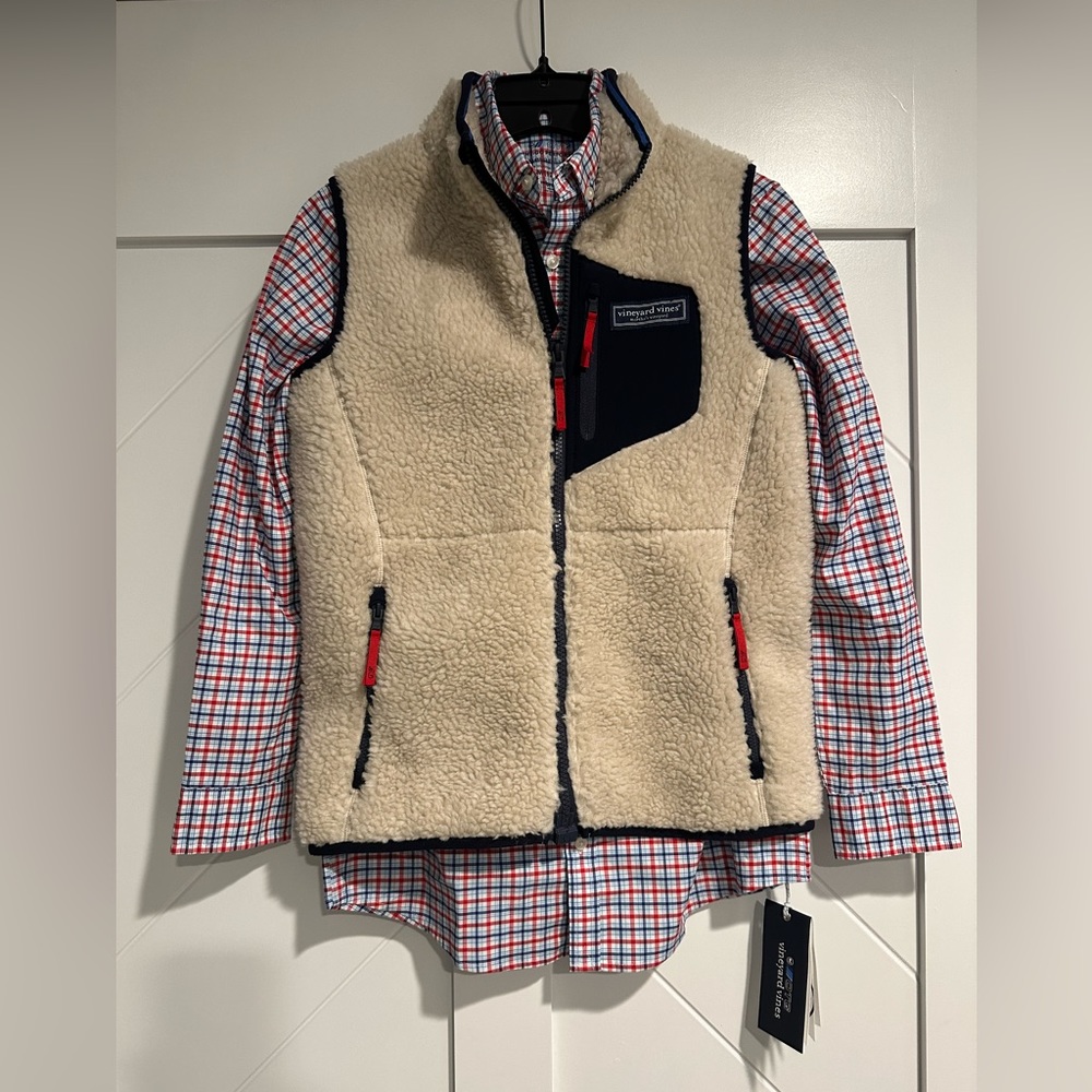 Vineyard Vines Boys OTG BRRR Shirt and Sherpa Vest Size M 12-14